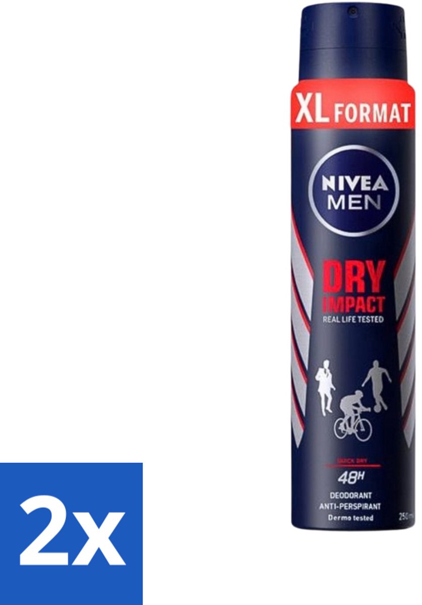 2 x Nivea - Deospray - Men - Dry Impact - 48 Uur Lang Werkend - 250 ml - Anti-transpirant - Zweetbescherming - Droog Gevoel - Mannelijke Geur - 48 Uur Bescherming