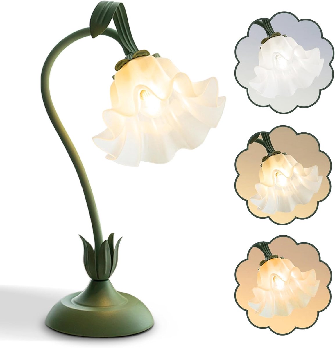 Bloemvormige tafellamp - LED leeslamp voor naast het bed, retro nachtlampje met bloemenmotief - 3 kleurstanden - Decoratie voor naast het bed - Verlichting voor woonkamer en slaapkamer, tafellamp, woondecoratie (groen)