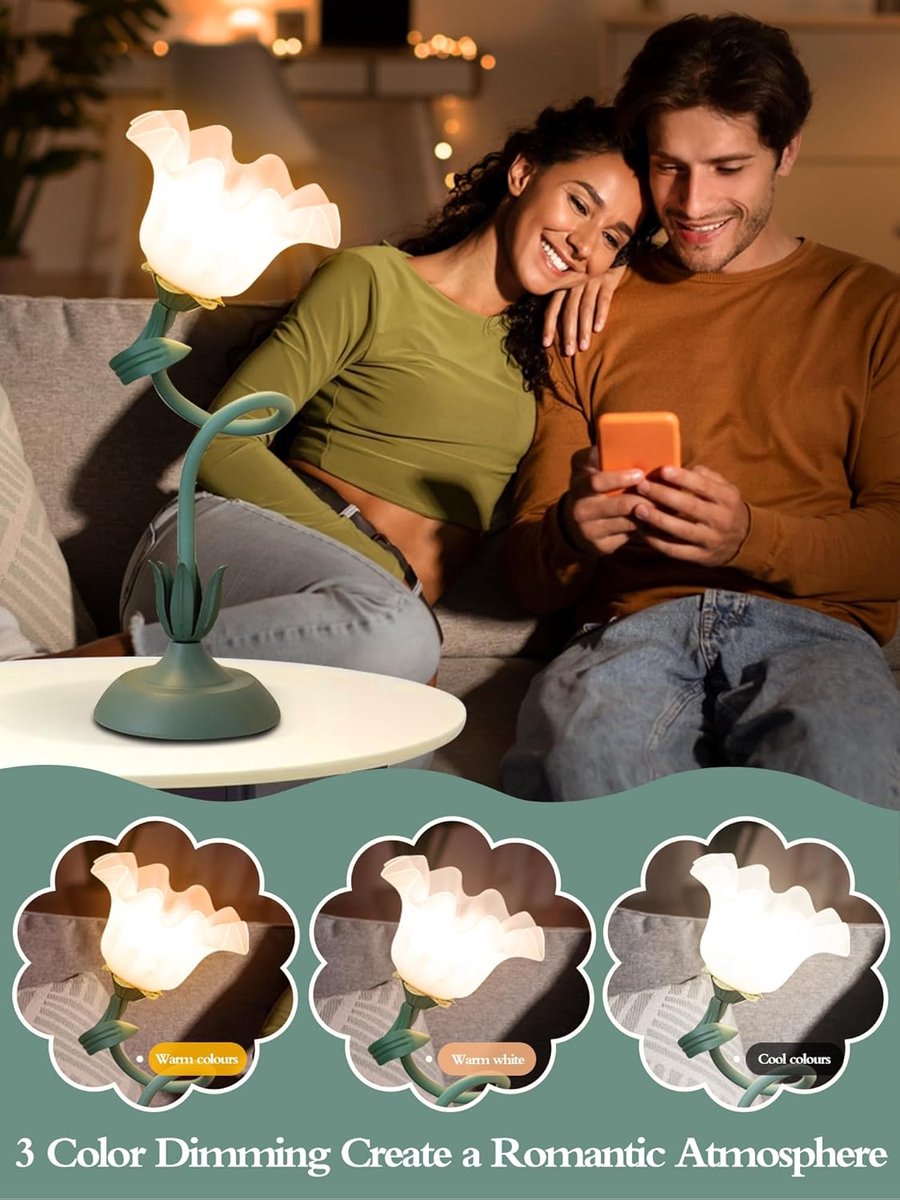 Bloemvormige tafellamp - LED leeslamp voor naast het bed, retro nachtlampje met bloemenmotief - 3 kleurstanden - Decoratie voor naast het bed - Verlichting voor woonkamer en slaapkamer, tafellamp, woondecoratie (groen) thumbnail 3