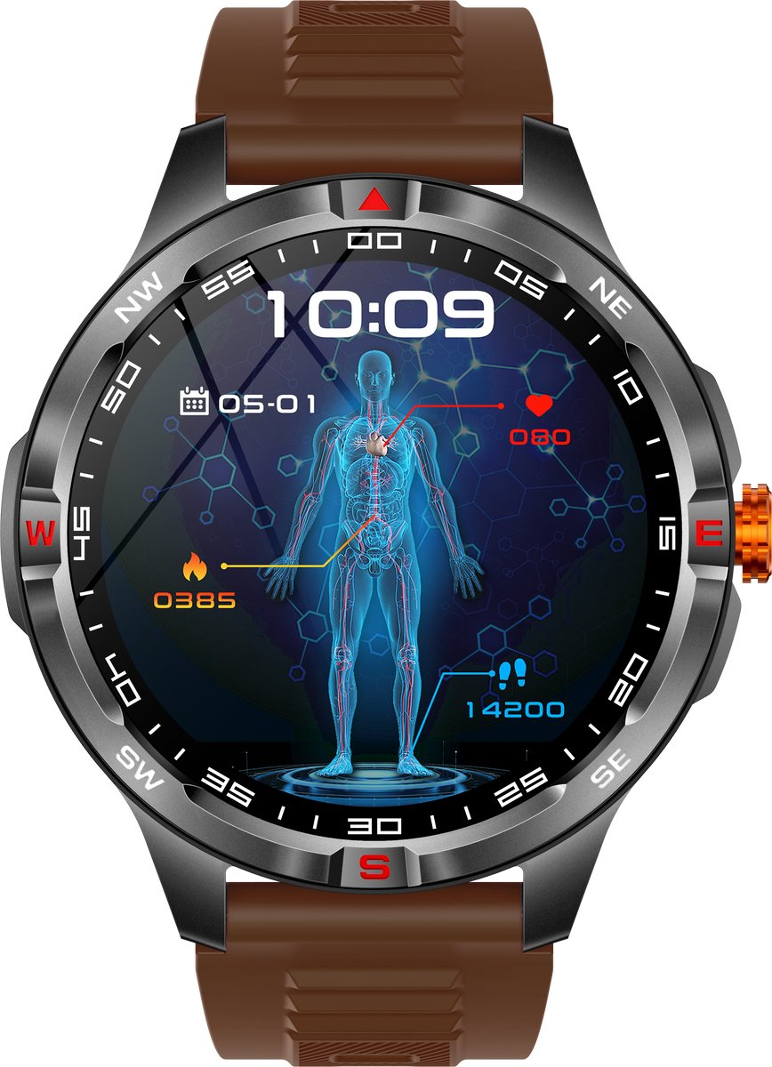 Knobbout 1.46” Scherm Sport Smartwatch met Extra Lange Batterijduur – 1000mAh - LED-zaklamp & kompas - AI Spraakassistent - Bluetooth Bellen - 100+ Sportmodi, IP68 Waterdicht -Bruin Silicone