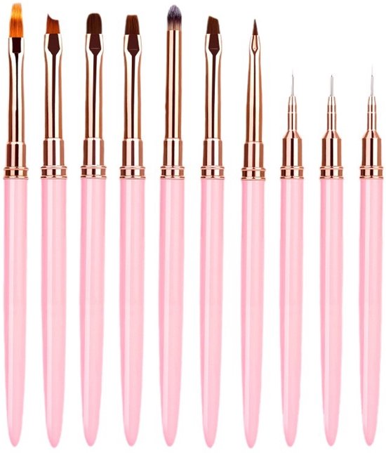 Volledige set van 10 roze nagelpenselen met gouden accenten, van breed tot fijn.