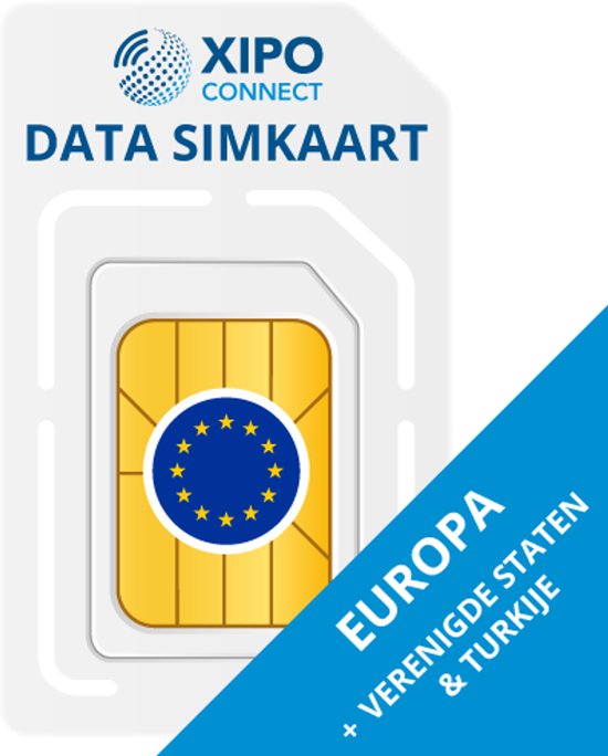 Witte XIPO CONNECT datakaart met EU-vlag symbool. "DATA SIMKAART EUROPA + VERENIGDE STATEN & TURKIJE".