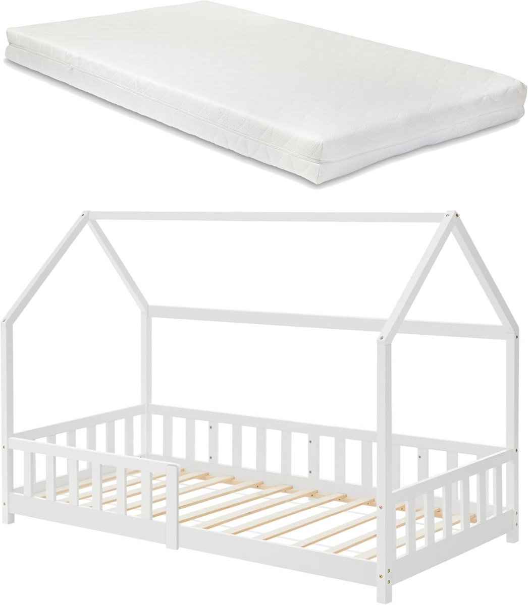 Huisvormig Kinderbed met Matras 90x200 cm Wit - Laag Grondbed met Valbeveiliging