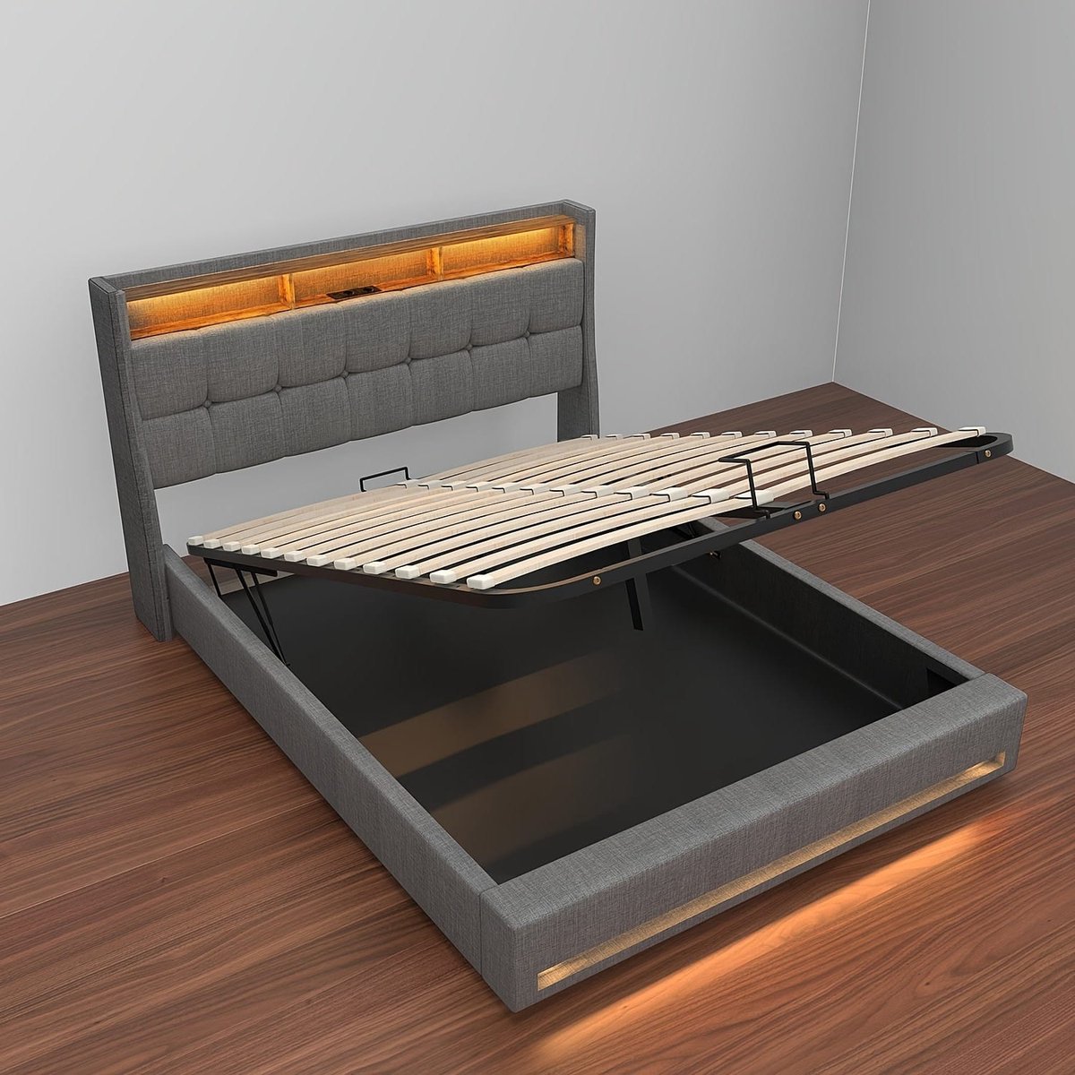 Bed – Eenpersoonsbed – Slaapbed – Linnen Bed – Opbergbed – 90x200 cm – Met Gasdrukveer – Houten Lattenbodem