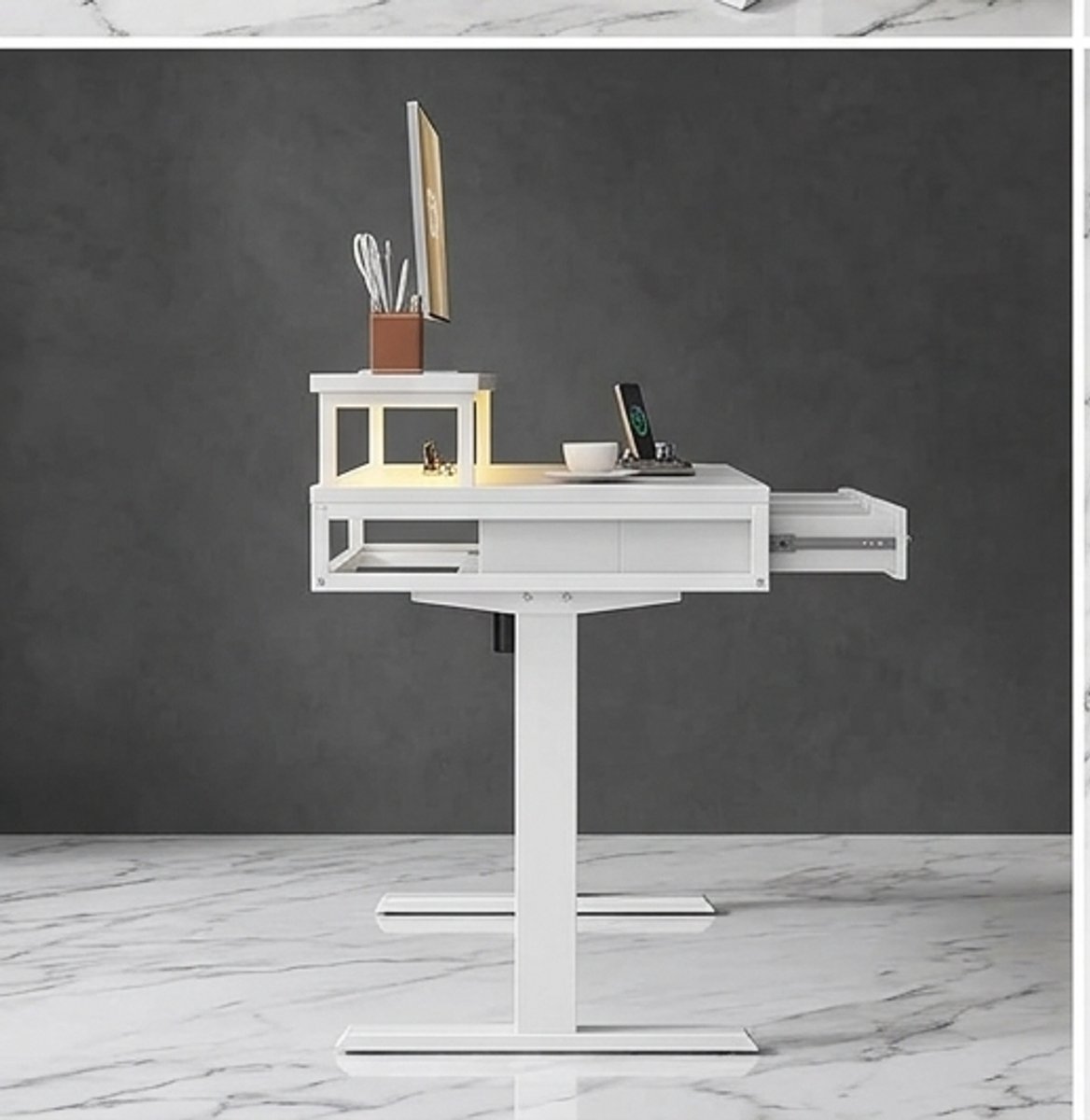 Elevate Elektrisch Verstelbaar Bureau 120 cm – Staand & Zittend Werkplek met Lade-opslag, Monitorstandaard, Stopcontacten en LED Licht – Modern Wit Bureau A-Furniture