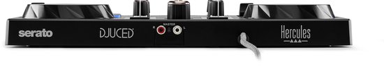 Achterkant van de Hercules DJControl Inpulse 200 MK3 met Serato en DJUCED logo's en aansluitingen.