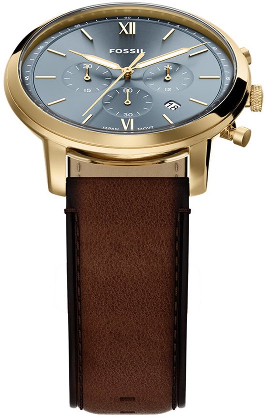 Gouden Fossil horloge met blauwe wijzerplaat, bruine leren band en datumvenster.