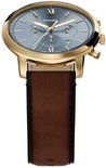 Gouden Fossil horloge met blauwe wijzerplaat, bruine leren band en datumvenster.