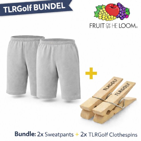 Bundle: 2 grijze Fruit of the Loom joggingbroeken en 2 houten wasknijpers met TLRGolf logo.