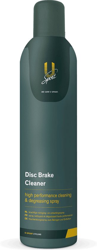 Donkergroene spuitbus met 'U-Sport Disc Brake Cleaner' en 'High performance cleaning & degreasing spray' op het etiket.