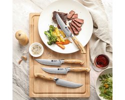 XinZuo X02O Pin Series Steakmessenset 4-delig – Olijfhouten Handvaten – 3-Laags Composietstaal met Stonewash Afwerking