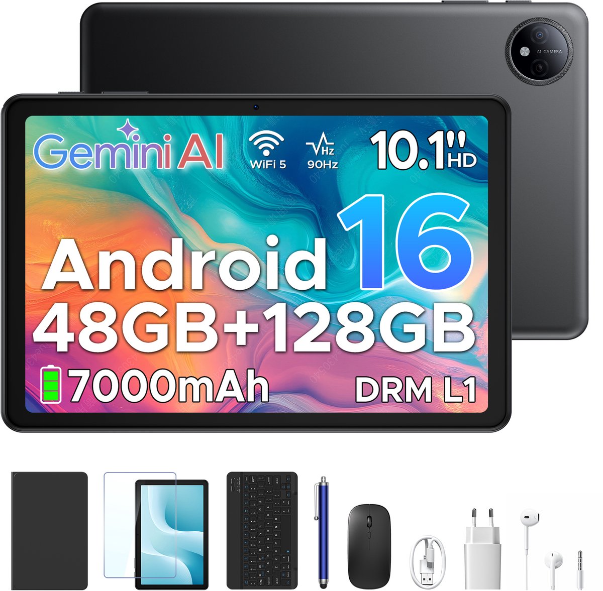 Aorlym P10 TAB - Tablet - 10,1 inch HD 90 Hz IPS - Android 16 - 48 GB RAM (8+40 GB) + 128 GB ROM - 7000 mAh - Dubbele luidsprekers - Volledige accessoirebundel met toetsenbord en stylus