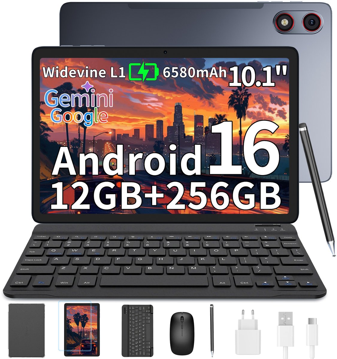 HOTWAV Pad 13 Pro - Tablet met toetsenbord + muis + stylus - Android-tablet - 10,1 inch - 120 Hz verversingssnelheid - 12+256 GB RAM/ROM - 6580 mAh-batterij - 13 MP-camera - 4G dual-sim - gezichtsherkenning - Grijs