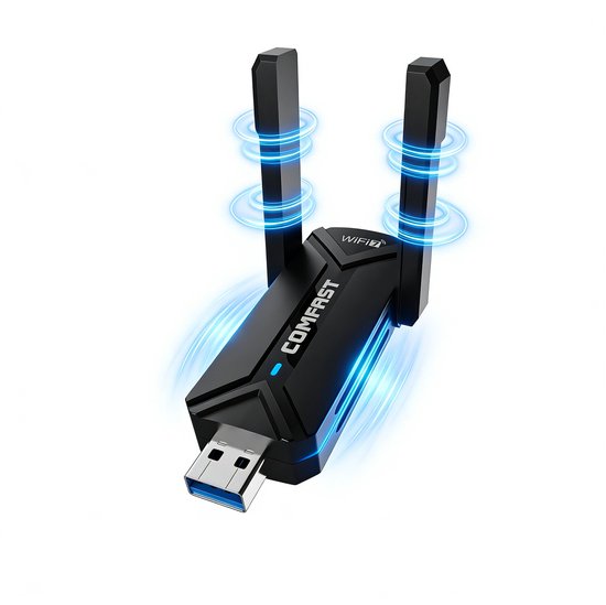 Zwarte Comfast WiFi 7 adapter met twee antennes en blauwe signaalstoringseffecten.