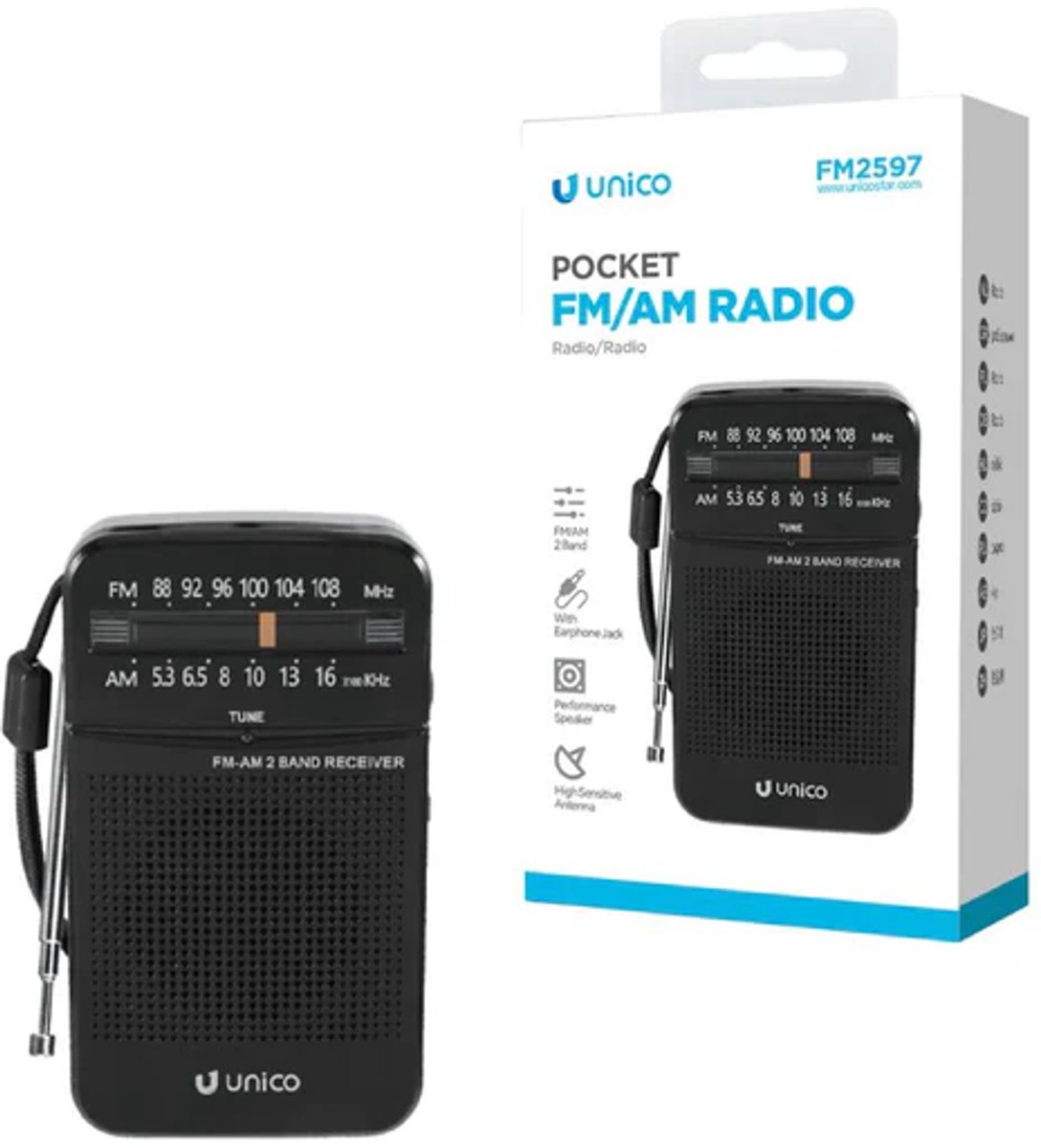 UNICO FM2597 Draagbare Radio FM/AM met Jack – Zwart
