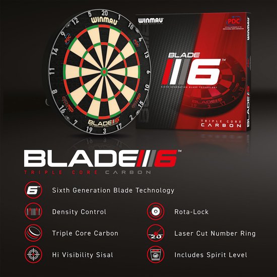 Winmau Blade 6 dartbord met "TRIPLE CORE CARBON" technologie, kenmerken: "Sixth Generation Blade Technology", "Rota-Lock".