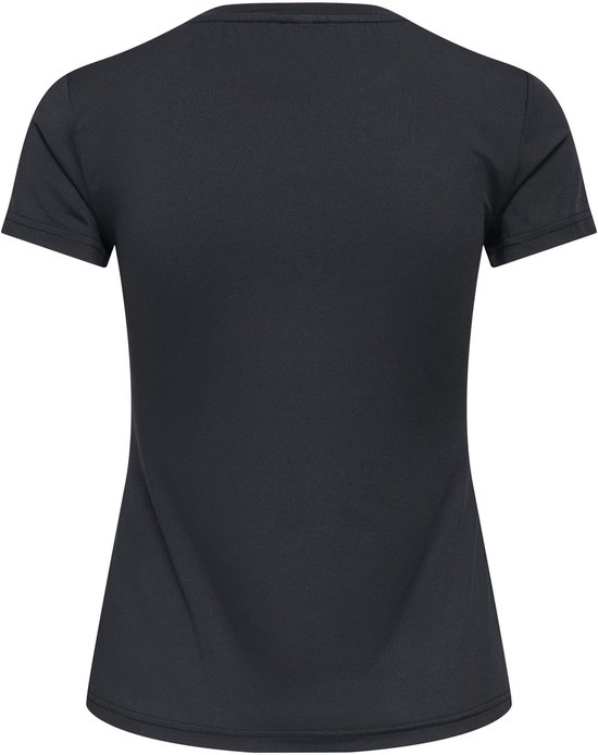 Zwart dames t-shirt, achterkant. Korte mouwen en ronde hals.