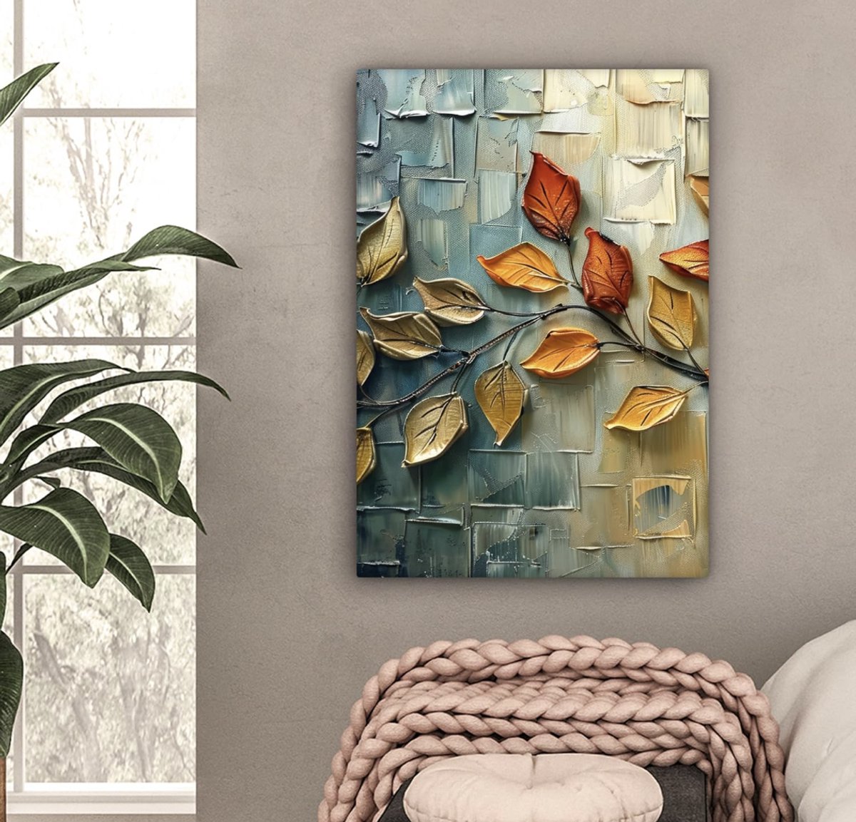 Canvas Schilderij Bladeren – Moderne Natuur Wanddecoratie Bruin 90x60 cm – Grote Canvas Print voor Woonkamer en Slaapkamer