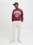 Man in crème joggingbroek, bordeaux hoodie met 'HARVARD' print en baseballpet.