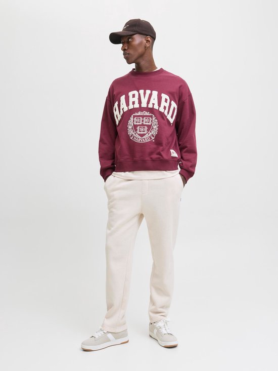 Man in crème joggingbroek, bordeaux hoodie met 'HARVARD' print en baseballpet.