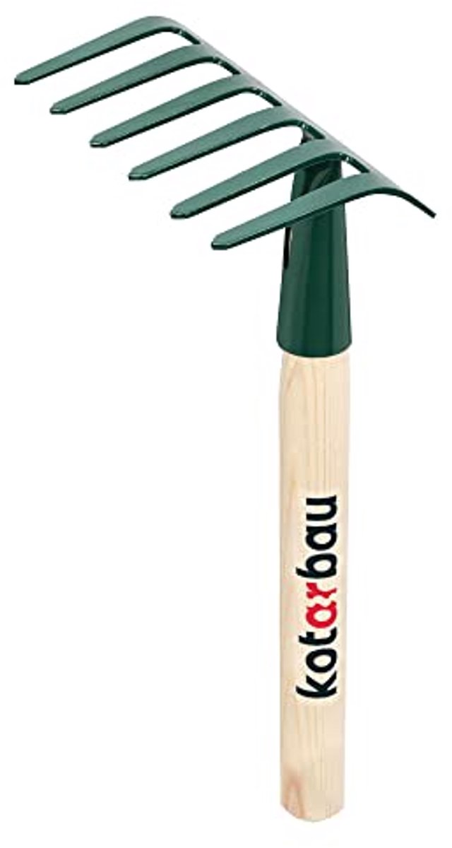 KOTARBAU® Tuinhark, Metalen Hark, 11,5 cm, Handhark met Houten Steel, 30 cm, Stevige Hark, voor Bloemenbedden, 6 Tanden, Ergonomisch, Compact Formaat, Groen, Staal