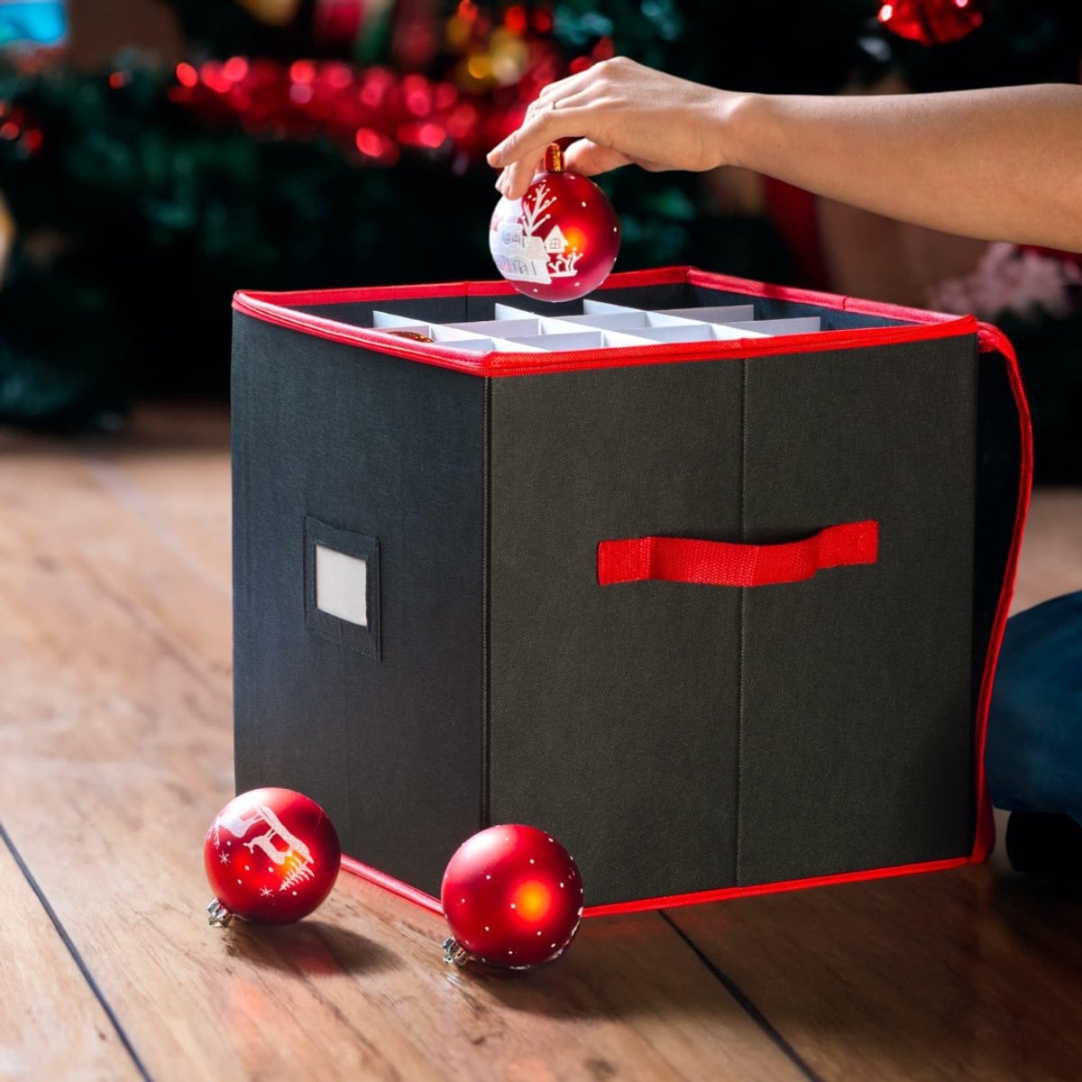 RWB® Kerstballen Opbergbox - Kerstballen Opbergkrat - Kerstballen Opbergkist - Rood en Zwart - 33 x 33 x 33 cm