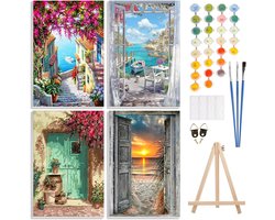 Schilderen op Nummer Set voor Volwassenen en Beginners - 4 Delige Bloemen en Landschap Collectie