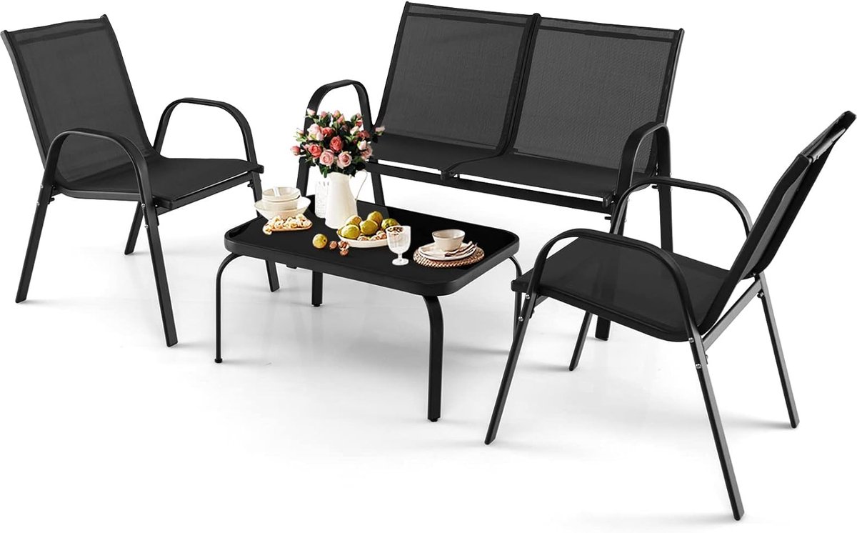 KOMFOTTEU 4-delige balkonset, tuinmeubelset voor 4 personen, tuingarnituur met 2 stoelen, 1 bank en 1 salontafel, terrasmeubelset, zitmeubelen voor balkon, binnenplaats