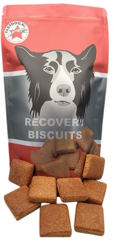 Rode zak met Fastdog logo en "RECOVERY BISCUITS" erop. Meerdere bruine hondensnoepjes liggen ervoor.