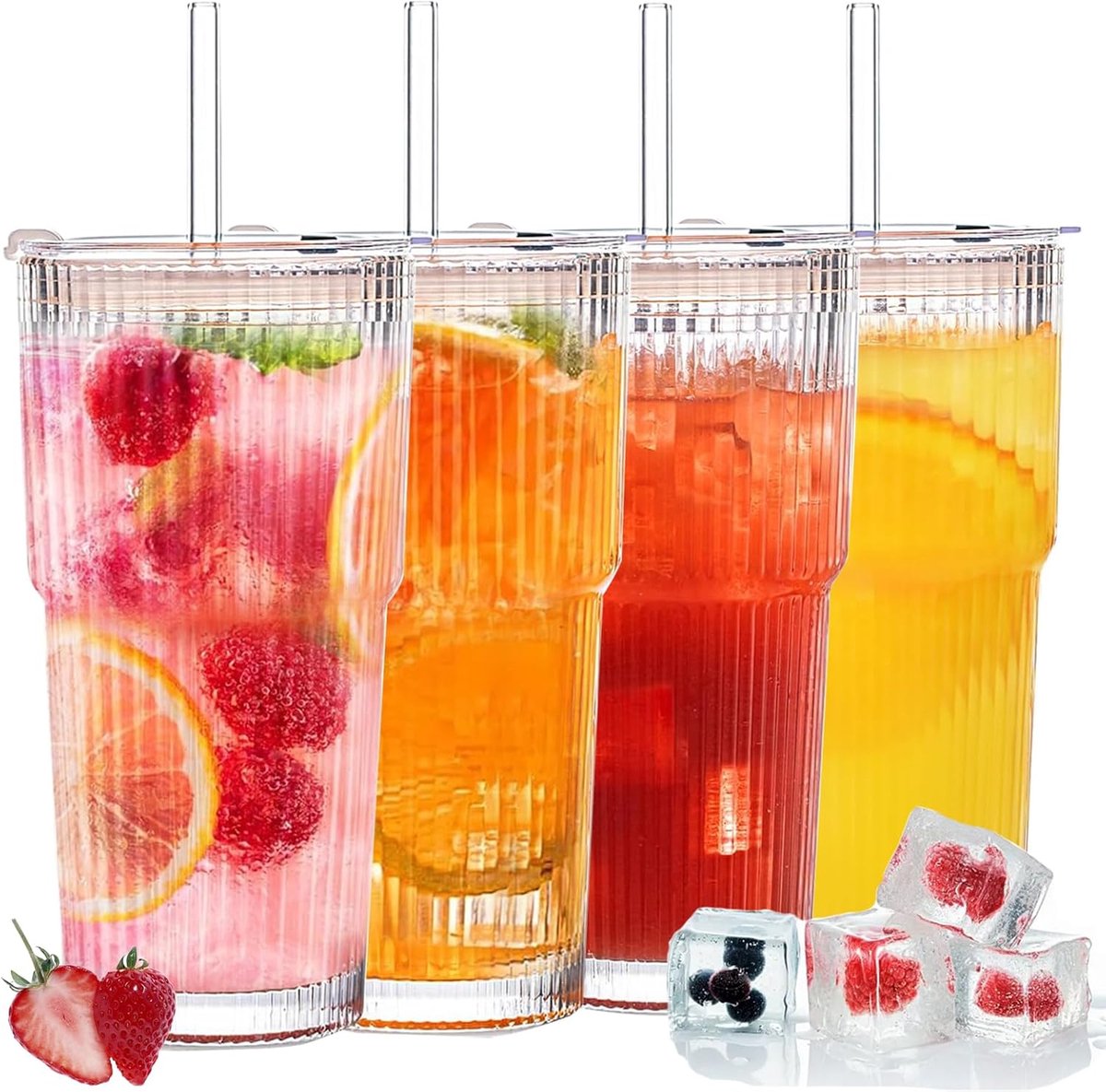 Set van 4 Geribbelde Glazen Bekers met Deksel en Rietje - 600ml Drinkglazen