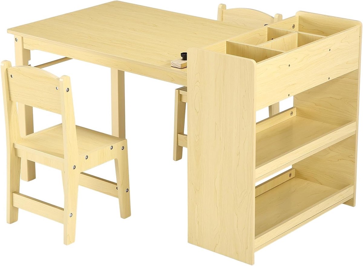 Houten Kindertafel met 2 Stoeltjes en Opbergvakken - Knutseltafel met Papierrolhouder - Speeltafel Kinderen - Bureau - Multifunctioneel