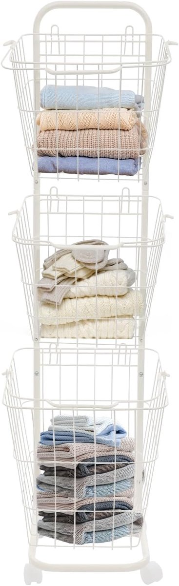 Grote Wasmand op Wieltjes met 3 Vakken - Mobiele Waswagen voor Sorteren en Opslag