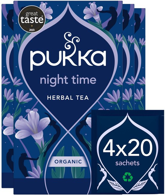 Pukka Night Time biologische kruidenthee. Verpakking met lavendel en slaapmotieven. "Great Taste 2023" keurmerk. 4x20 sachets.