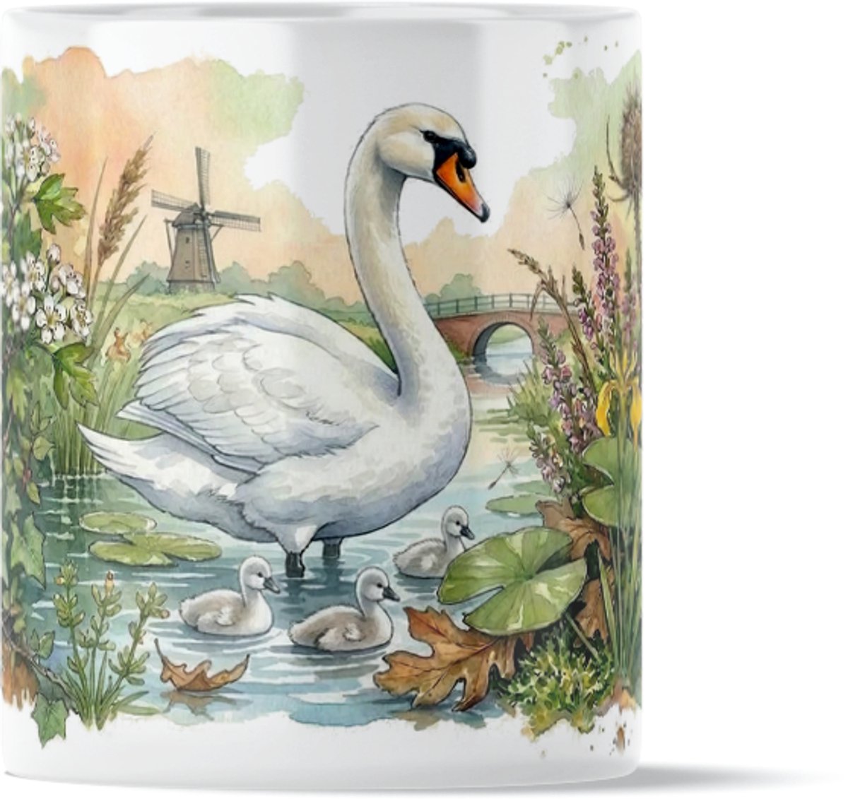 Witte Knobbelzwaan met Kuikens & Molen "Aquarel Series" Koffiemok Theemok Waterlandschap Natuur Cadeau voor haar: Vrouw, Vriendin of Collega Eyecatcher voor Thuis & Kantoor Dieren Cadeau Moederdag Presentje Hollandse Vogels