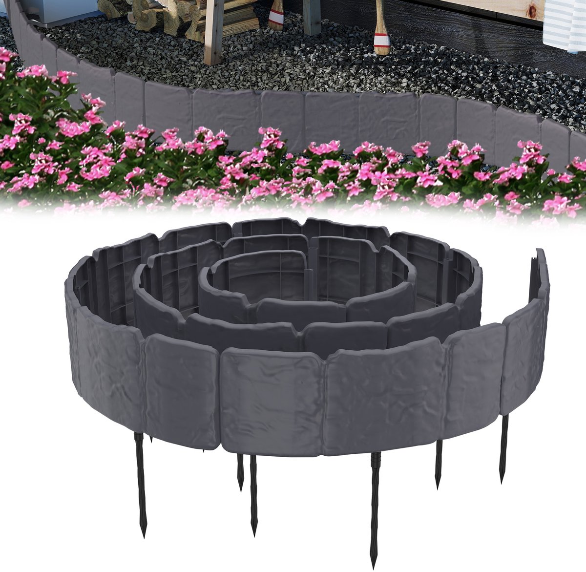 Froadp 15m Gazonrand, kunststof bloembedrand, gazonrand, gazonrand, maaikant, palissade, tuinbed, eenvoudig inslaan, stabiel, flexibele gazonbegrenzing, tuin, decoratief, Antraciet