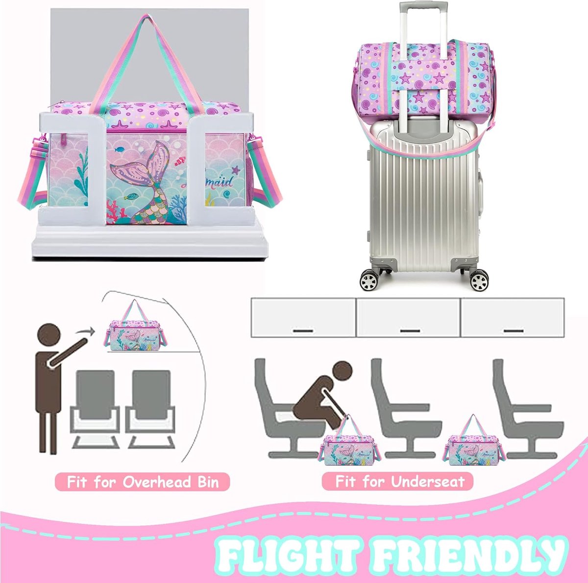 Kinderkoffer Set met Make-up Tasje - Handbagage Reiskoffer Meisjes Zeemeermin Thema