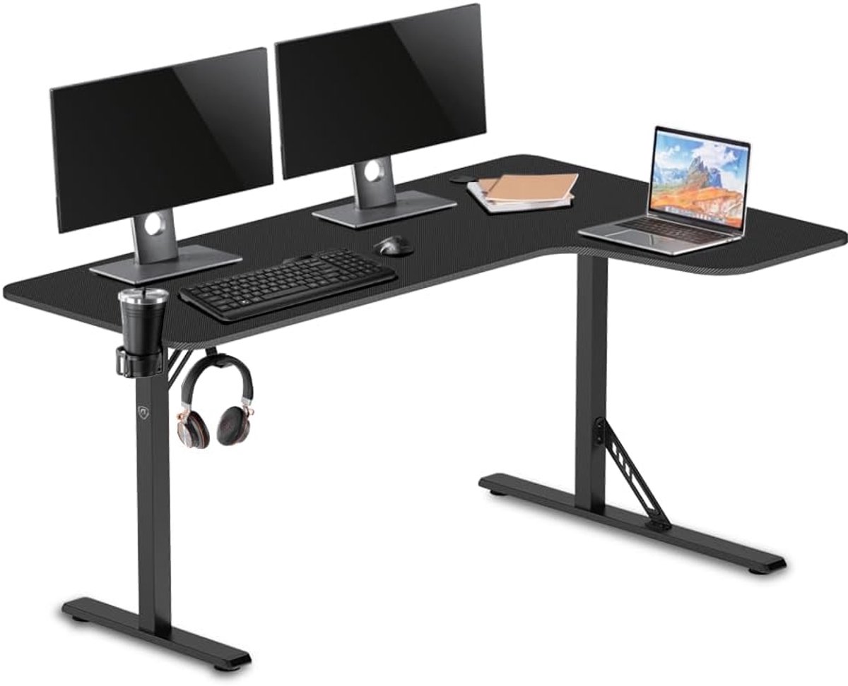 Groot L-vormig Gaming Bureau Hoektafel 160 cm met Bekerhouder en Koptelefoonhaak