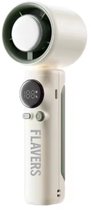 Witte handventilator met 'FLAVERS' logo, digitaal display met '188%' en knoppen.