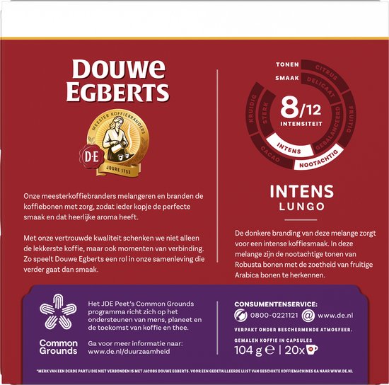 Achterkant verpakking Douwe Egberts Lungo Intens. Rode doos met tekst over smaak, intensiteit en herkomst. Bevat 20 capsules.