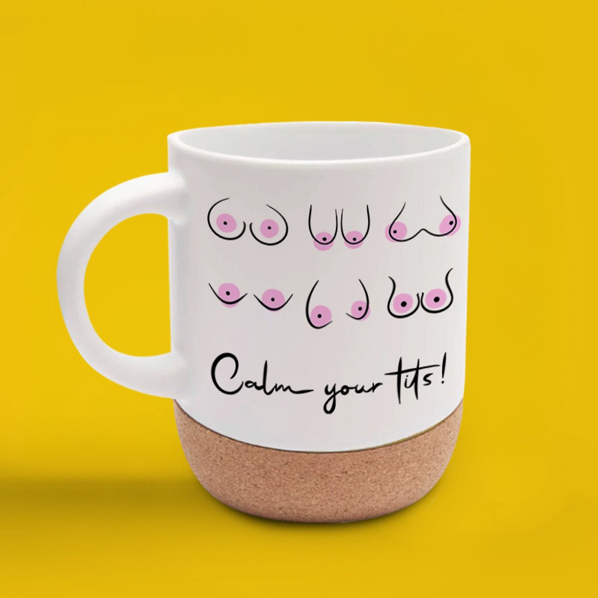 Leuke mok - grappige mok - Calm Your Tits - origineel design - hand bedrukt herbruikbare mok - to go - reisbeker - koffietijd - teatime - afneembare kurken onderzetter