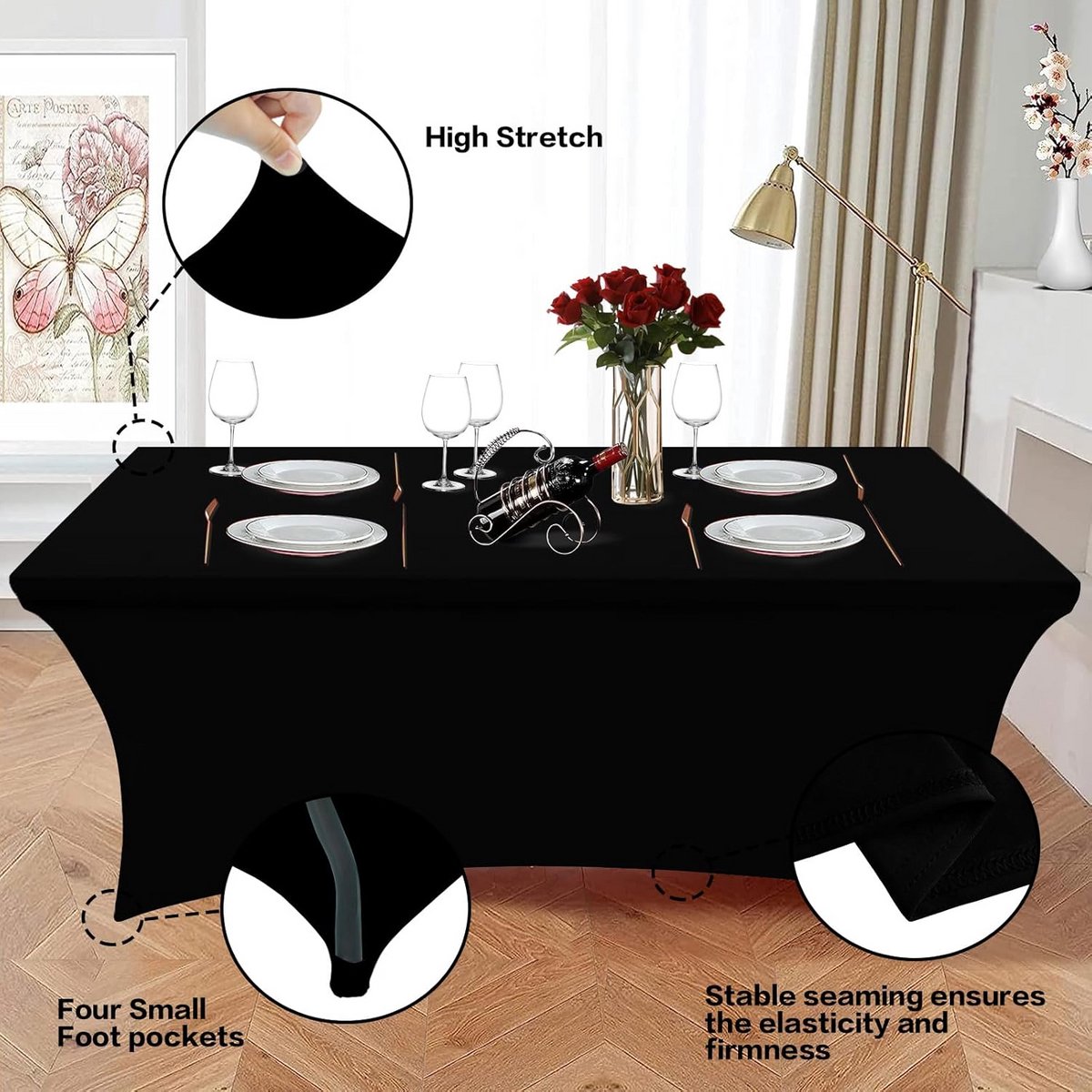 Stretchy Tafelkleed Rechthoekig Zwart 2.4 Meter - Geschikt voor Feest, Buffet en Tuin