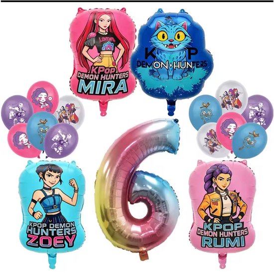 K-Pop Demon Hunters Ballonnen Set – 6 Jaar Verjaardag Decoratie – Mira, Zoey & Rumi Folieballonnen + Latex Ballonnen – Cijfer 6 Ballon