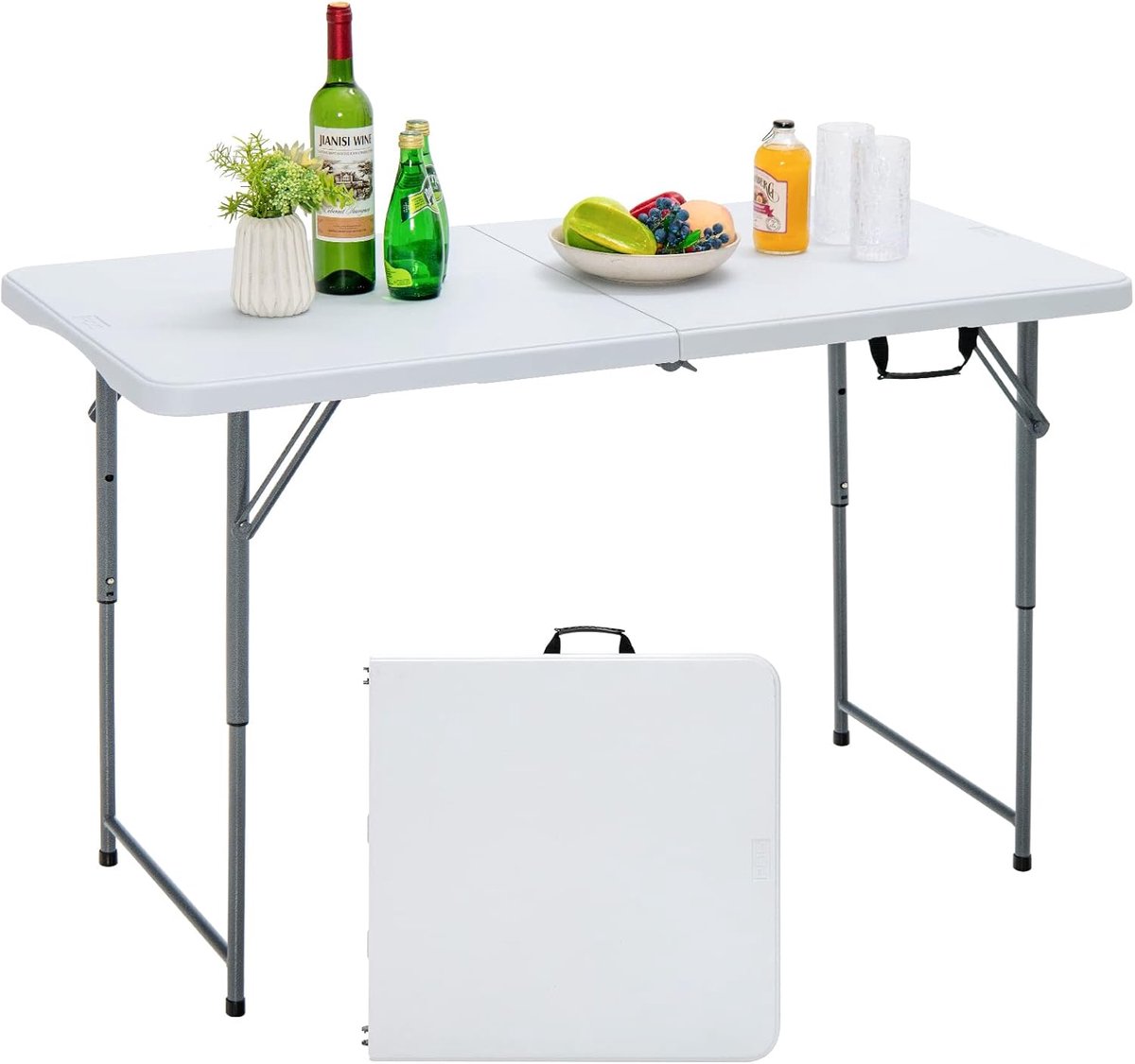 KOMFOTTEU Klaptafel, in hoogte verstelbaar, inklapbare en draagbare campingtafel met draaggreep, ruimtebesparende picknicktafel van HDPE, frame van ijzer, 120 x 60 x 74,5 cm, wit