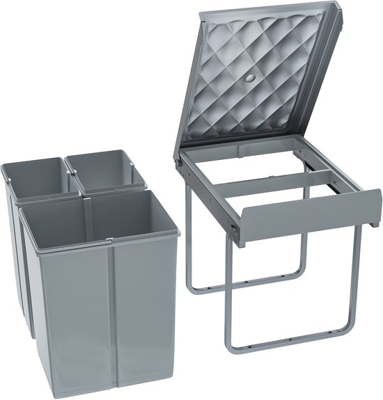 Grijze prullenbakken met 3 vakken en een apart metalen frame met geruit deksel.