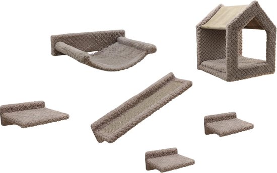 Katten klimmuur set met huisje, krabplank en platformen in grijs pluche.
