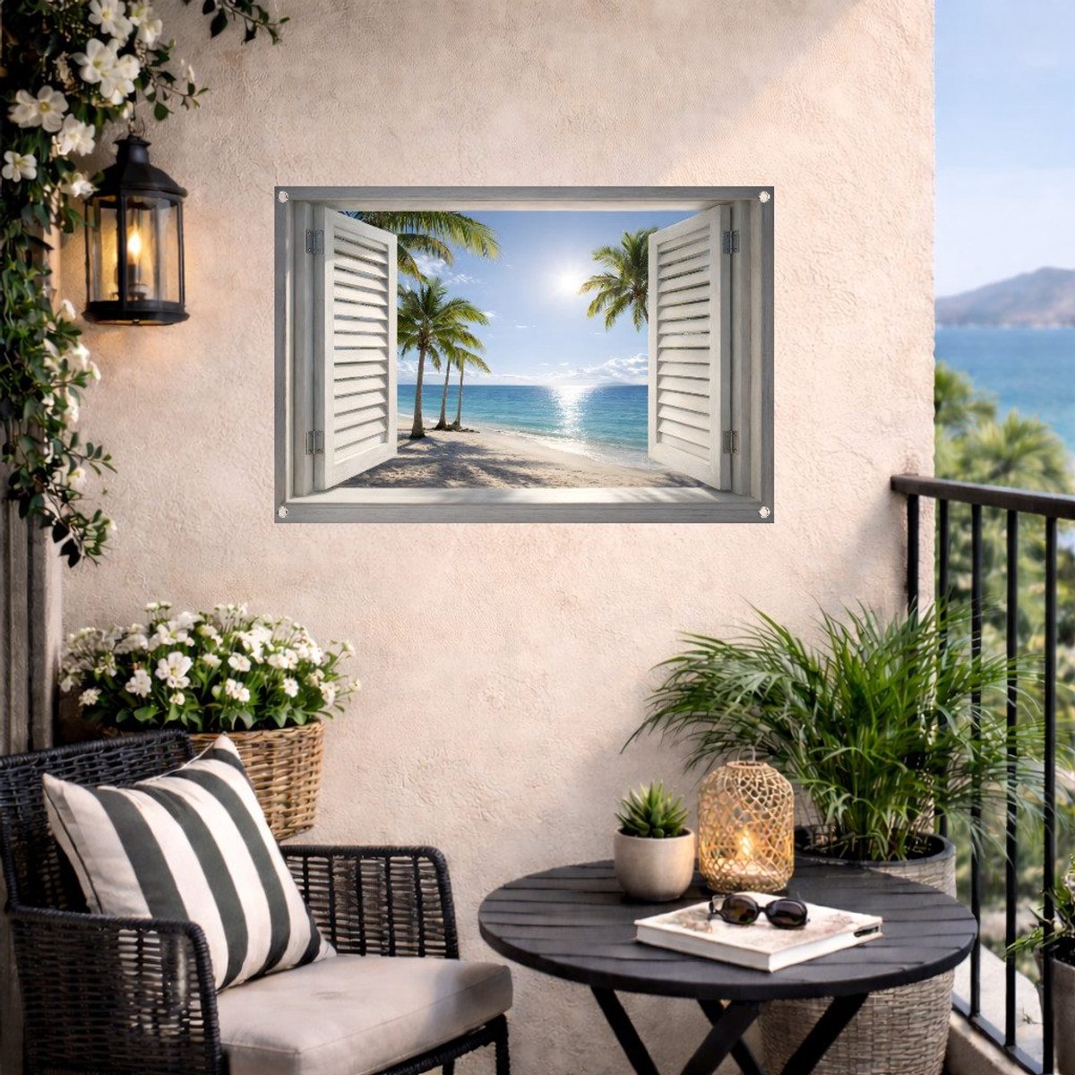 Tuinposter Tropisch Strand met Witte Shutters – Zeezicht met Palmbomen – 90 x 60 cm – Schutting Poster Tuin Decoratie