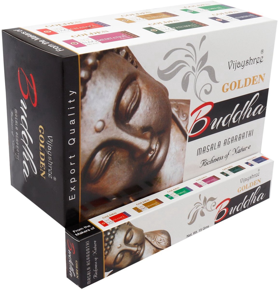 GROOTVERPAKKING WIEROOK - GEURSTOKJES - GOLDEN BUDDHA - VIJAYSHREE - 12 PAKJES X 15 GRAM - 180 GRAM