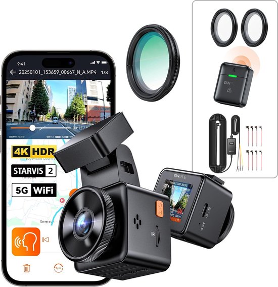 VANTRUE Element 1 Pro 4K Mini Dash Cam Voorkant, STARVIS 2 Plate Pix™ HDR Nachtzicht Autocamera, 5G WiFi GPS, 1,54'' scherm, LTE,Spraakbesturing, 24H Gebufferde Parkeermodus【Gratis bij aankoop: 40mm CPL-filter*2 +VP05 Hardwire Kit +Afstandsbediening】