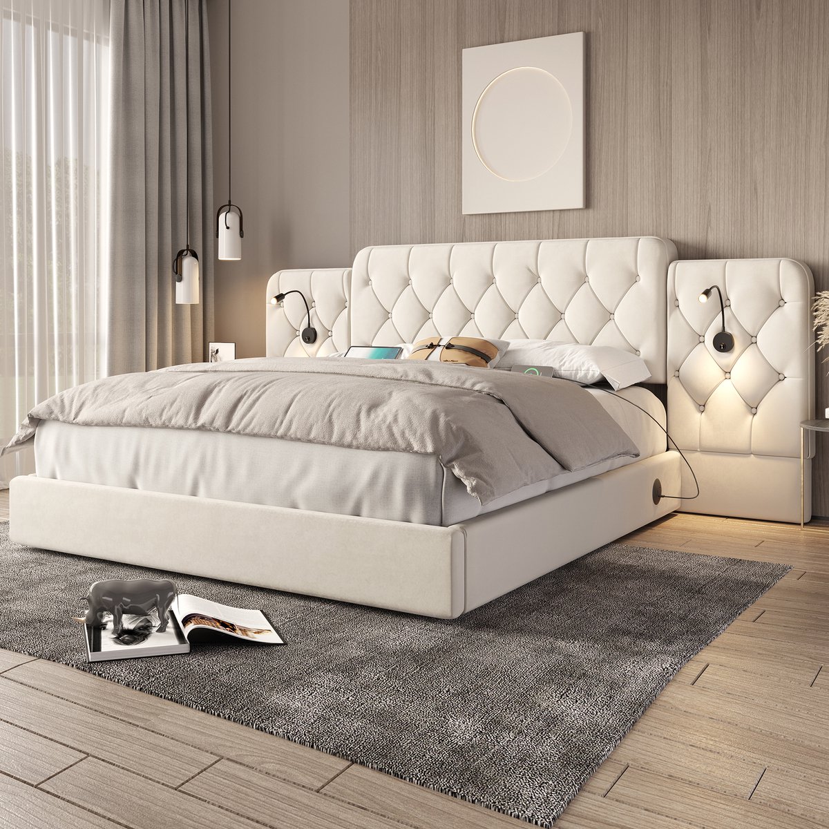 Wishdor Bedframe 180x200 cm - Verlengd hoofdbord met leeslampen & USB - Hydraulische opber