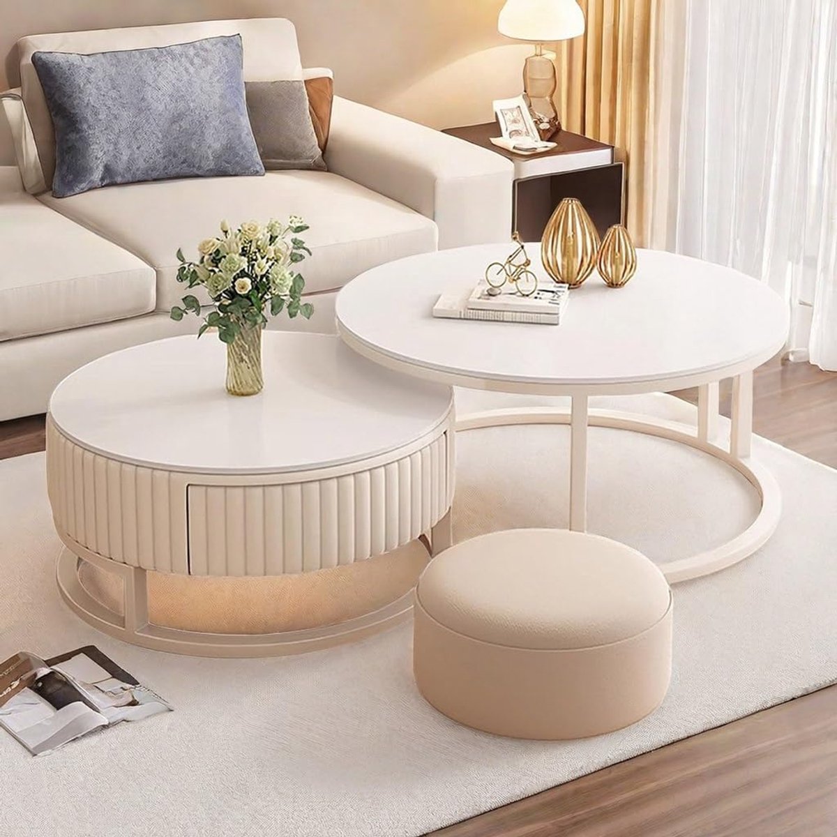 Set van 2 Ronde Salontafels Wit - Nesting Tafels voor Woonkamer en Balkon